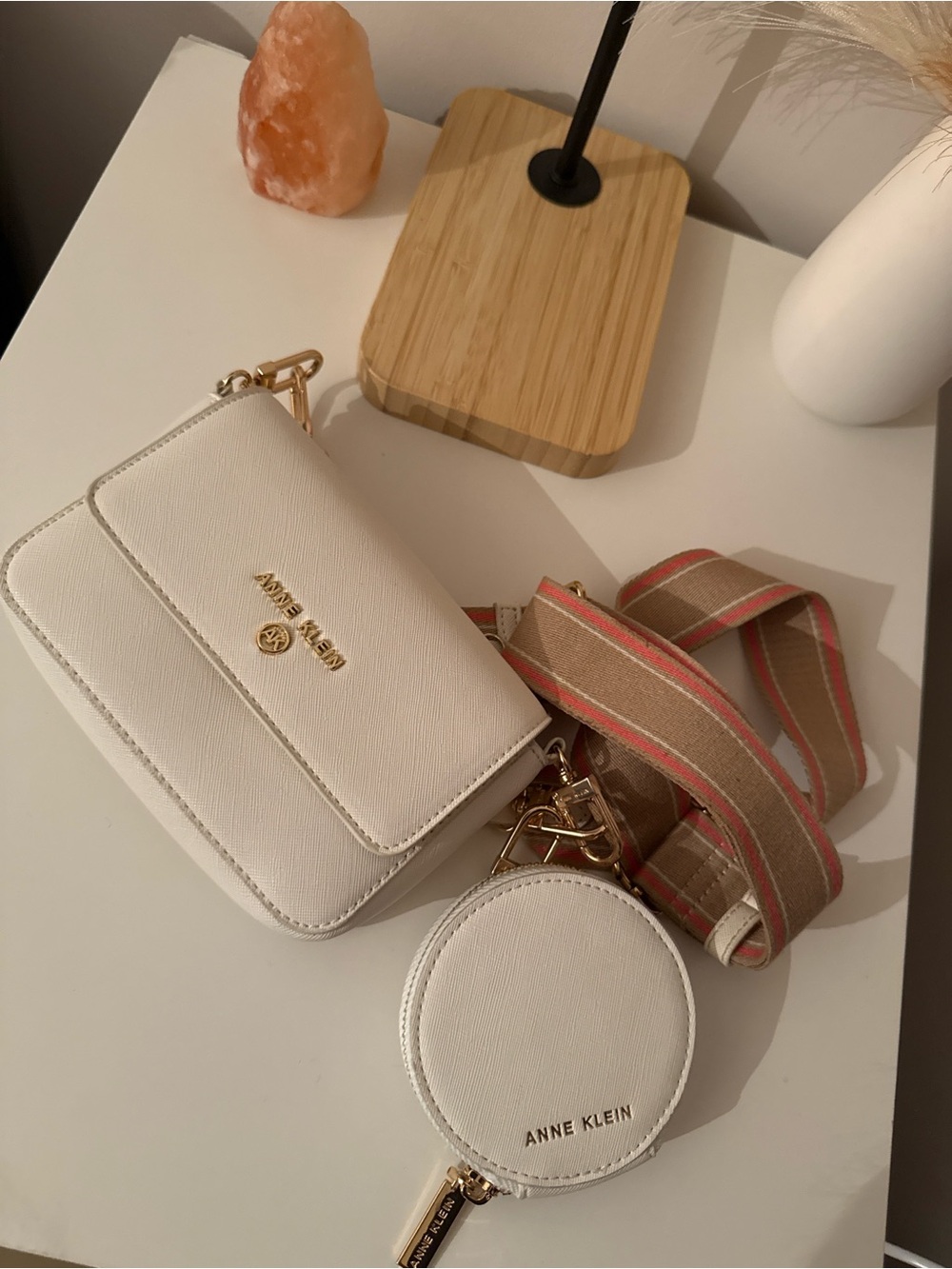 Anne Klein Cream Crossbody Bag with Striped Strap and Coin Pouch